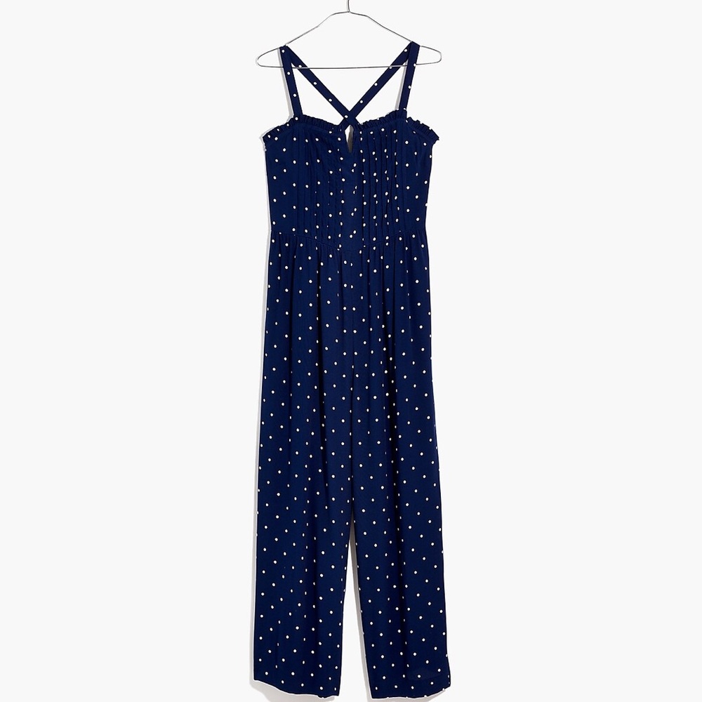MADEWELL Pintuck Cami Jumpsuit in Polka Dot Navy Blue and White pants jumpsuit - Picture 4 of 6
